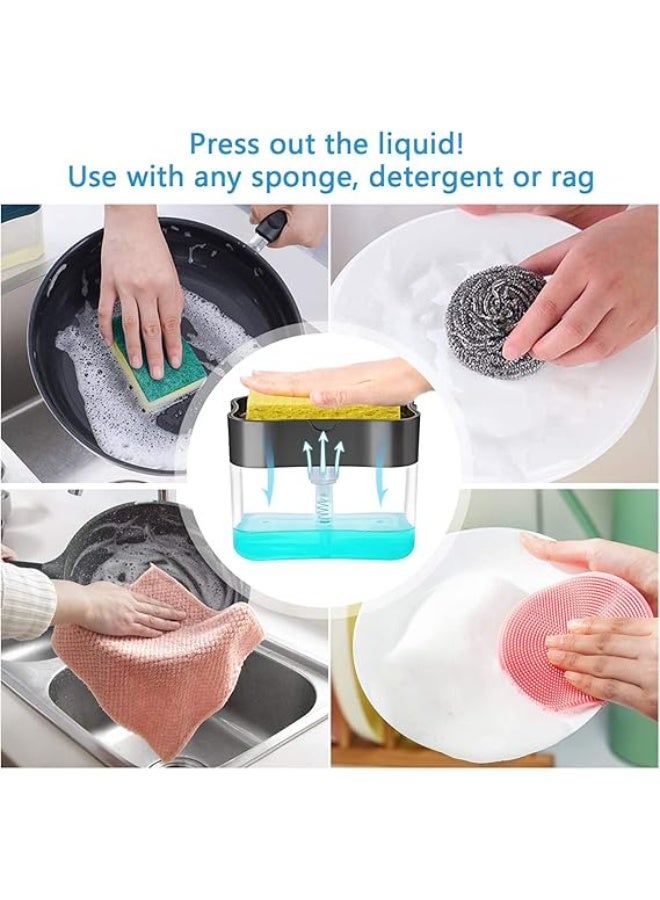 فيلفيتكوف موزع صابون غسيل الأطباق متعدد الوظائف 3 في 1 مع حامل إسفنجة | مضخة صابون سائل تعمل بالضغط لحوض المطبخ - Image 2